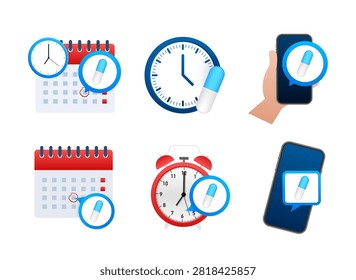 Múltiples iconos que muestran calendarios, relojes y teléfonos inteligentes con símbolos de píldoras que representan la dosis de medicamentos y los horarios de salud diarios