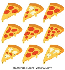Multiple illustrated pizza slices in various positions, ideal for food design and digital assets.