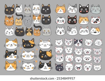 Multiple illustration of cat cute faces, cute cat character, funny cat.
