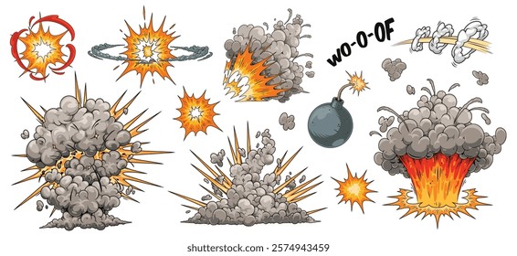 Multiple illustrations depict various explosions and blast effects. Different styles show smoke flames and impact bursts creating a sense of action and energy typical in comic art.