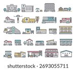 Multiple illustrations of facilities and buildings in the city.
It says "Station" and "Clinic" in Japanese.