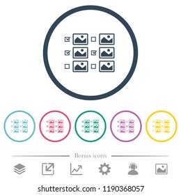 Multiple image selection with checkboxes flat color icons in round outlines. 6 bonus icons included.