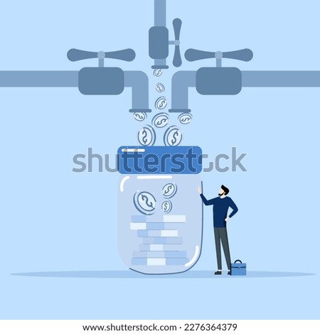 Multiple income stream concept, passive income or income from investing multiple assets, side business to make money concept, businessman standing with multi cash flow from pipe to piggy bank rich.