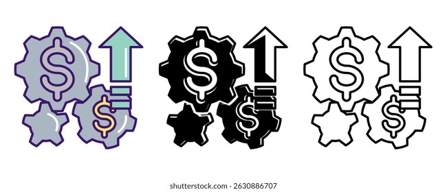 Multiple Income Streams icon represented by some dollars in integrating gears, up arrow Line, Filled, Color style.