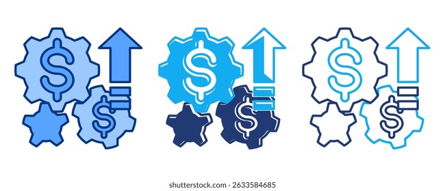 Icono de múltiples flujos de ingresos representado por algunos dólares en engranajes de integración, flecha hacia arriba, azul, dualino, estilo Dualtone.