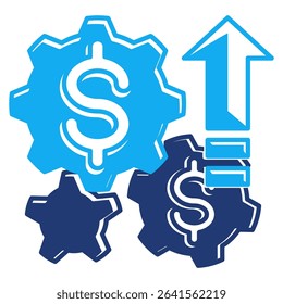Multiple Income Streams icon represented by some dollars in integrating gears, up arrow Dualtone style.