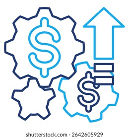 Multiple Income Streams icon represented by some dollars in integrating gears, up arrow Dual Line style.