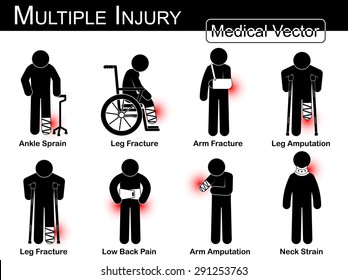 Multiple injury set ( Ankle sprain, Leg fracture, Arm fracture, Leg amputation, Leg broken , Low back pain, Arm amputation, Neck strain , arthritis ) Vector Medical stick man, physical therapy concept