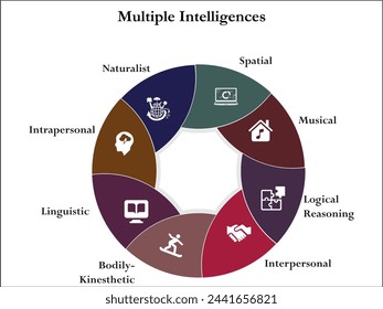 Mehrere Intelligenzen - räumliches, musikalisches, logisches Denken, zwischenmenschliches, körperkinästhetisches, sprachliches, intrapersönliches, naturalistisches Denken. Infografik-Vorlage mit Symbolen