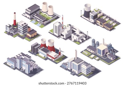 Multiple isometric factory structures in clean graphic style on white background, representing modern industrial production concepts. Vector illustration