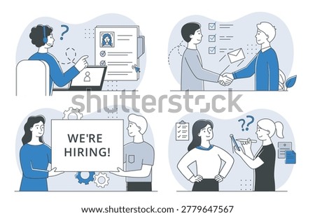 Multiple job recruitment scenes with people interacting in minimal line art on light abstract backgrounds conveying hiring and employment concepts. Hand-drawn vector illustration