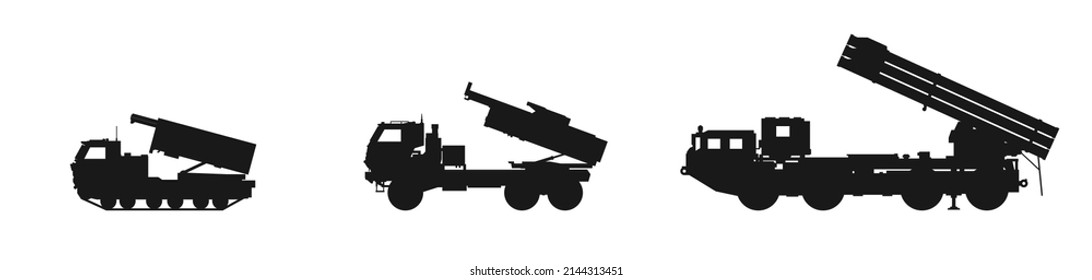 Multiple Launch Rocket System Icon Set. War Weapon And Army Symbols. Isolated Vector Image For Military Web Design