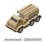 Multiple launch rocket systems army vehicles army missiles defense camouflage. Isometric 3d vector illustration.
