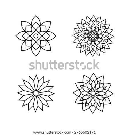 Multiple layer flower drawings, monochrome linear patterns, elegant sacred geometry icons.