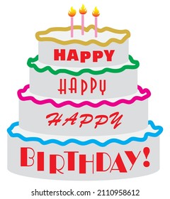 A multiple layered cake with candles and a happy birthday message
