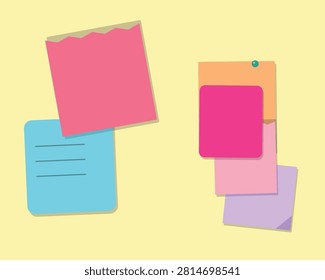 Multiple layered paper notes pinned with colorful thumb tacks for planning and organizing daily office tasks easily.