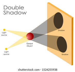 Multiple lights and shadows. Double Umbra, sharp shadows. Binary. Two point light source. Plural shadow is formed. white background. Physics example vector.