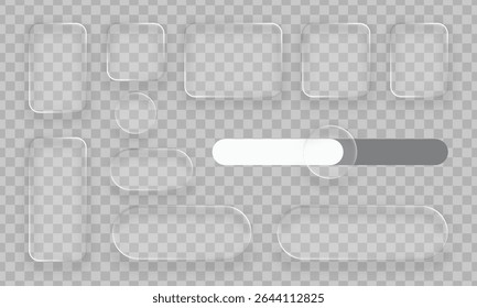 Multiple liquid glass panels and elements set. Modern UI and UX design concept. Transparent frames and buttons for web interfaces.