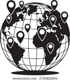 Multiple location pins on a simplified world map highlighting various global destinations and connecting different parts of the world through travel and navigation.