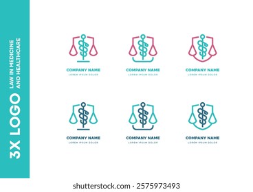 Multiple logo designs combining healthcare and legal themes with a balance scale and Caduceus. Ideal for branding medical law firms or organizations linking healthcare practices with legal services.