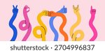 Multiple long hands with different hand gestures. vector illustration.  Cartoon elongated arms