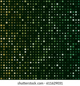 Multiple luminous circles arranged in lines. Vector abstract colorful background in disco style. Green and olive and pistachio color lights on black. Party, festival banner pattern graphic design.
