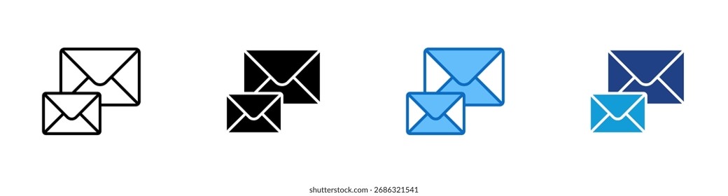 Multiple Mail Multiple Style Icon Design Vector - Two overlapping envelopes, symbolizing multiple messages, inbox, or bulk email