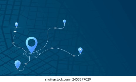 Multiple markers. An abstract navigation plan highlights POI including city streets, blocks. Editable vector illustration