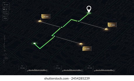 Multiple markers indicating various routes, including the shortest path option. Isometric city map with designated destination. Abstract navigation of city streets and neighborhoods. Vector