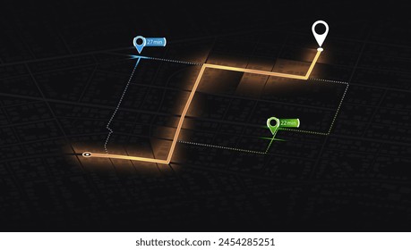 Varios marcadores que indican varias rutas, incluida la opción de ruta más corta. Mapa de la ciudad isométrica con destino designado. Navegación Abstractas de calles y barrios de la ciudad. Vector
