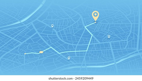 Multiple markers indicating various routes, including the shortest path option. Isometric city map with designated destination. Abstract navigation of city streets and neighborhoods. Vector