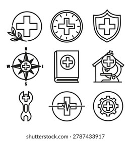 Multiple medical cross black vector icons feature diverse health symbols. Represents complete hospital care for patients.