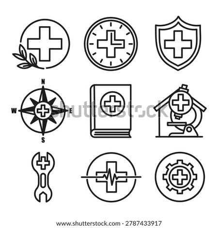 Multiple medical cross black vector icons feature diverse health symbols. Represents complete hospital care for patients.
