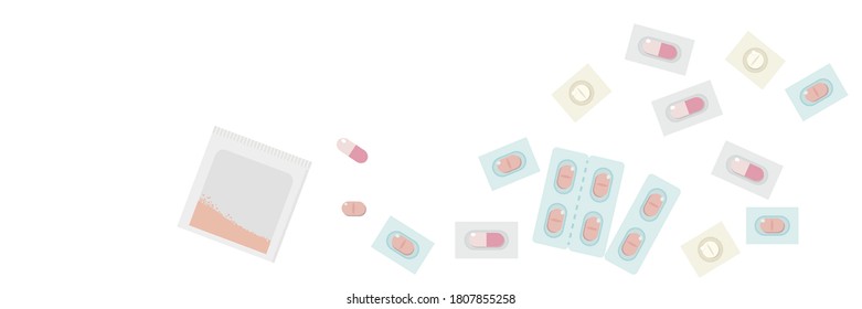 Multiple medications, including powders and pills. Horizontal banners