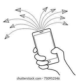 Multiple message sending concept. Illustration of hand with smart phone and message symbols.