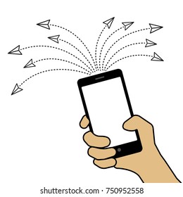 Multiple message sending concept. Illustration of hand with smart phone and message symbols.