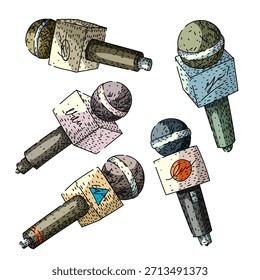 Multiple microphones representing journalism, broadcasting, and media communication, featuring a distinct retro engraving style for various reporting events