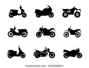 Múltiplas silhuetas de motocicleta com poses únicas de equitação