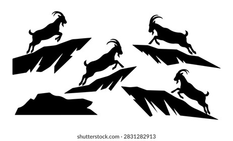 Multiple mountain goats standing on rocky cliffs, showcasing their agility and natural habitat in a scenic outdoor environment.