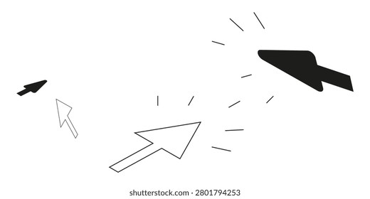 Multiple mouse cursors and click pointers in varying sizes illustrate digital interaction, user interface navigation, online selection and focus. Minimal black-and-white graphic conveys connection, attention, collaboration and direction.