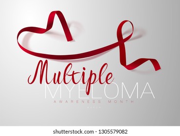 Multiple Myeloma Awareness Calligraphy Poster Design. Realistic Burgundy Ribbon. March is Cancer Awareness Month. Vector Illustration