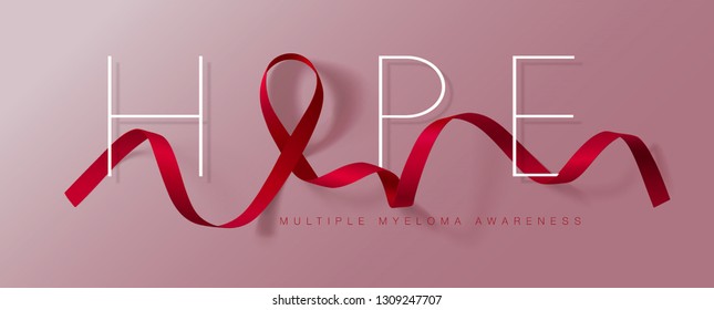 Multiple Myeloma Awareness Calligraphy Poster Design. Realistic Burgundy Ribbon. March is Cancer Awareness Month. Vector Illustration