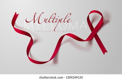 Multiple Myeloma Awareness Calligraphy Poster Design. Realistic Burgundy Ribbon. March is Cancer Awareness Month. Vector Illustration
