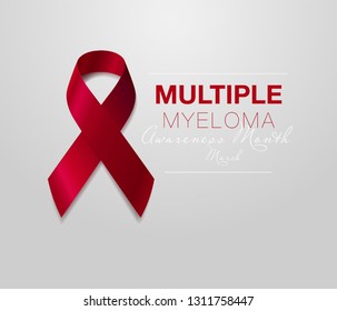 Multiple Myeloma Awareness Calligraphy Poster Design. Realistic Burgundy Ribbon. March is Cancer Awareness Month. Vector