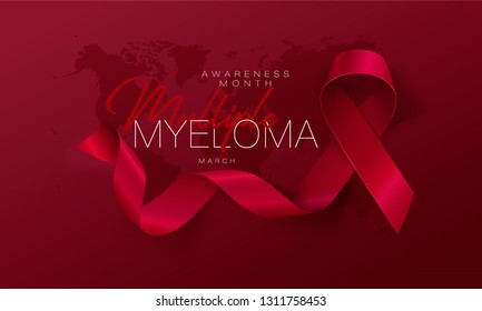 Multiple Myeloma Awareness Calligraphy Poster Design. Realistic Burgundy Ribbon. March is Cancer Awareness Month. Vector
