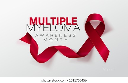 Multiple Myeloma Awareness Calligraphy Poster Design. Realistic Burgundy Ribbon. March is Cancer Awareness Month. Vector