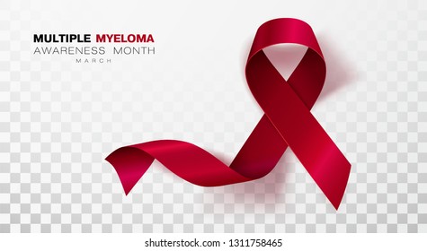 Multiple Myeloma Awareness Month. Burgundy Color Ribbon Isolated On Transparent Background. Vector Design Template For Poster.