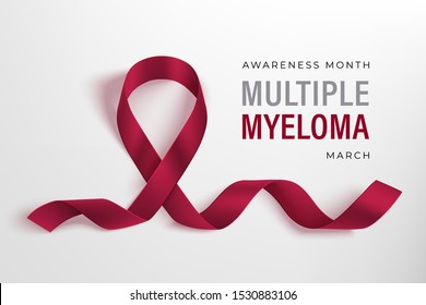 Multiple Myeloma Awareness month horizontal poster. March. Photorealistic burgundy ribbon on a light background.