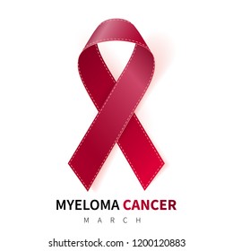 Multiple Myeloma Awareness Month. Realistic Burgundy ribbon symbol. Medical Design. Vector illustration.