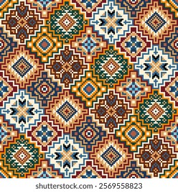 Multiple Navajo pixel seamless pattern design. Native American tribal South Western colorful tone design. Vector seamless pattern for background, wallpaper, wrapping paper, carpet, embroidery.